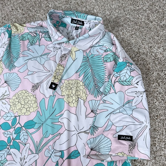 Bad Birdie Polo Shirt Mens XL Pink Blue Tropical Floral Performance Stretch Golf - Picture 7 of 12